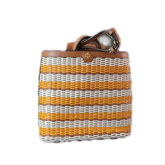 AUTH Tory Burch woven orange tan Crossbody Bucket vacation bag - Picture 4 of 10